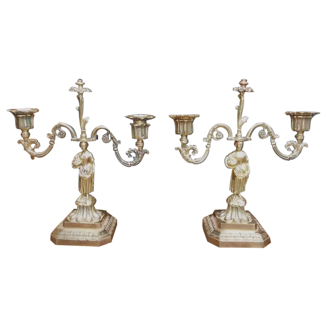 Pair of French Brass Figural and Floral Candlesticks, Circa 1770