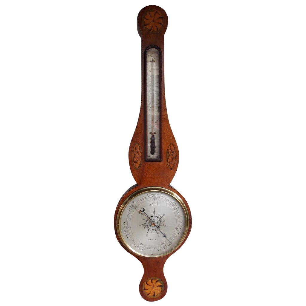 English Mahogany Inlaid Banjo Barometer Signed by Maker J. Cortil, Circa 1810