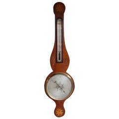 English Mahogany Inlaid Banjo Barometer Signed by Maker J. Cortil, Circa 1810