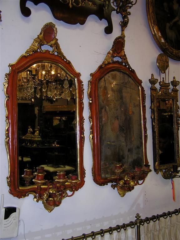 Neoclassical Pair of Venetian Painted & Gilt Floral Crest Girandole Mirrors. Circa 1780 For Sale