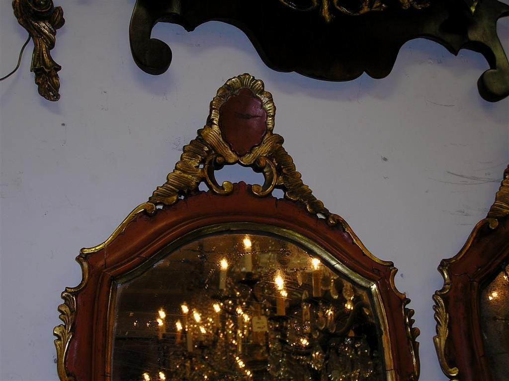 Hand-Painted Pair of Venetian Painted & Gilt Floral Crest Girandole Mirrors. Circa 1780 For Sale