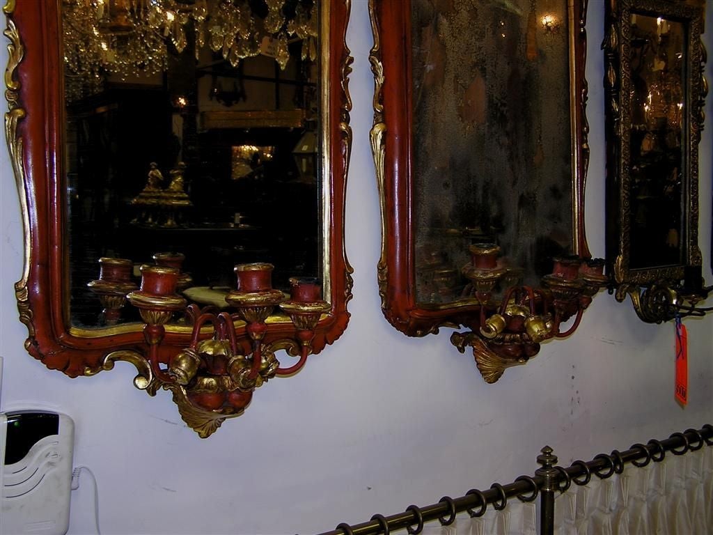 Glass Pair of Venetian Painted & Gilt Floral Crest Girandole Mirrors. Circa 1780 For Sale