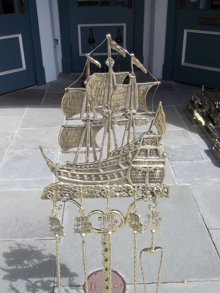 American Craftsman American Brass Nautical Fire Place Tool Set on Rope Stand, Early 20th Century