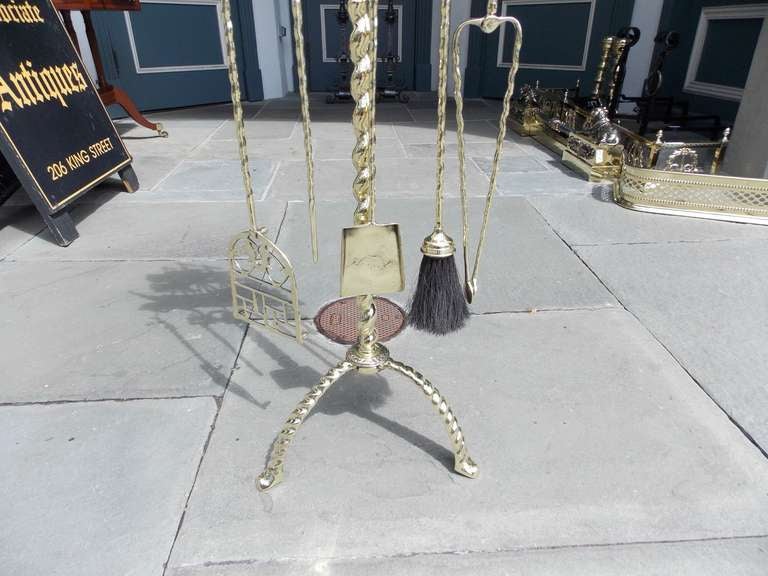 American Brass Nautical Fire Place Tool Set on Rope Stand, Early 20th Century In Excellent Condition In Hollywood, SC