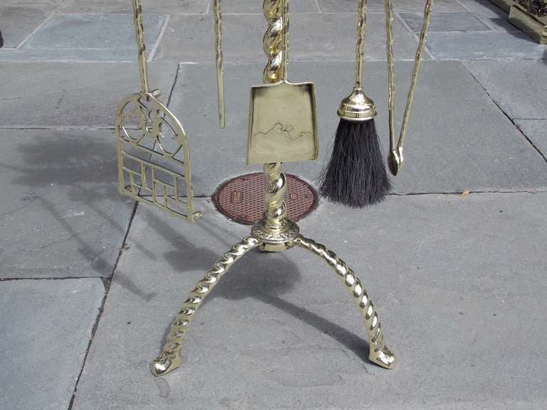 American Brass Nautical Fire Place Tool Set on Rope Stand, Early 20th Century 1