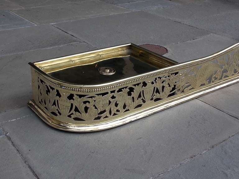 Cast English Brass Serpentine Engraved Fire Place Fender with Flanking Trivets C 1760 For Sale