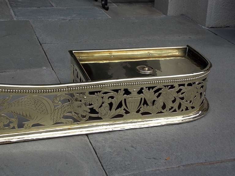 English Brass Serpentine Engraved Fire Place Fender with Flanking Trivets C 1760 For Sale 1