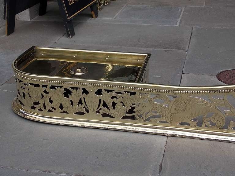 English Brass Serpentine Engraved Fire Place Fender with Flanking Trivets C 1760 For Sale 2