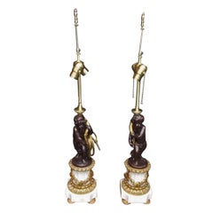 Pair of French Bronze and Marble Cherub Table Lamps, Circa 1820