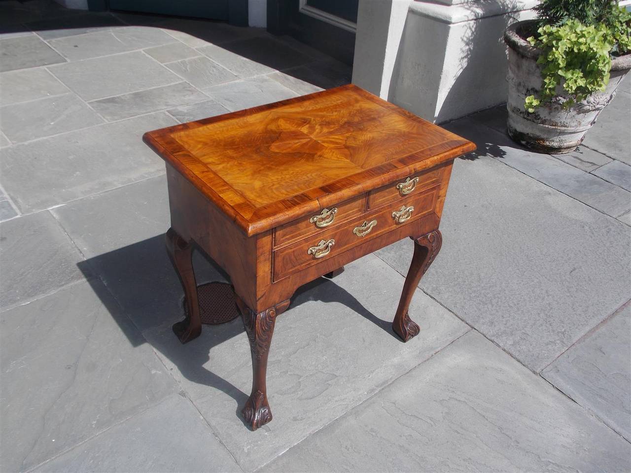 George II English Burl Walnut Three-Drawer Inlaid Low Boy, Circa 1740