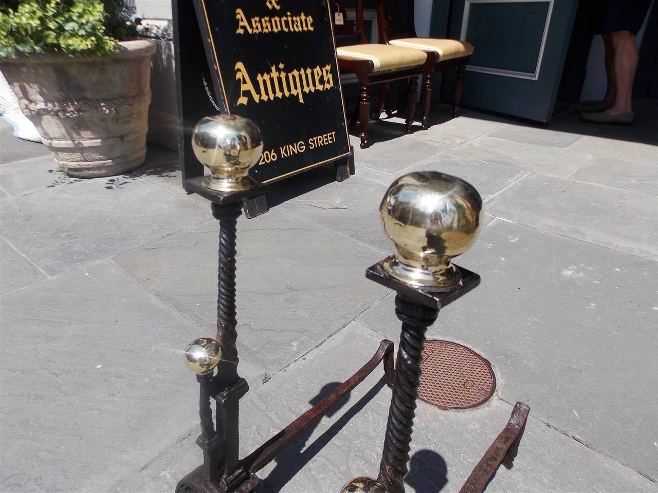 English Wrought Iron and Brass Ball Top Andirons, Circa 1750 In Excellent Condition In Hollywood, SC