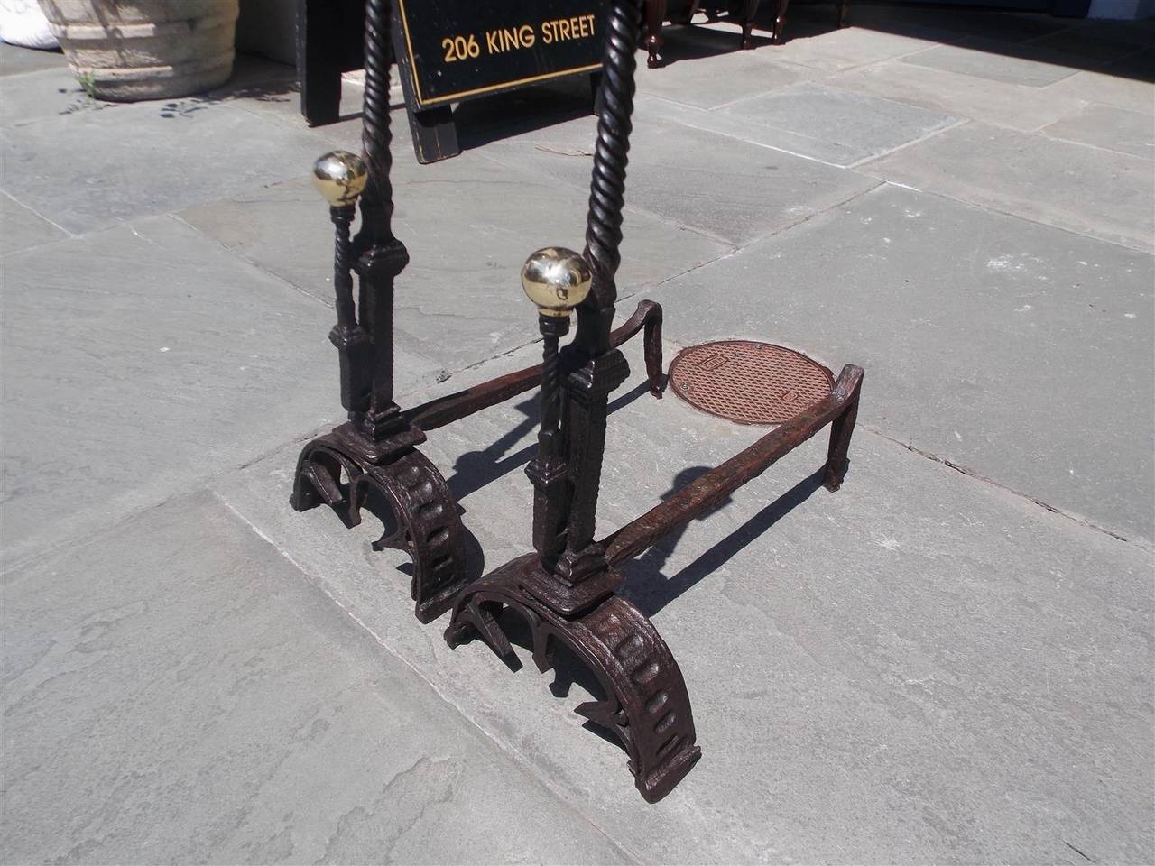 Mid-18th Century English Wrought Iron and Brass Ball Top Andirons, Circa 1750