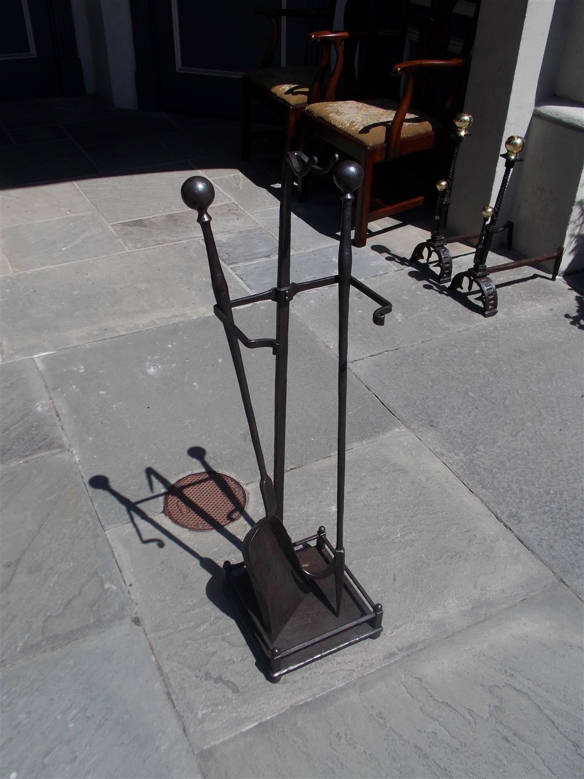 American Empire Set of American Wrought Iron Ball Top Fireplace Tools on Stand, Circa 1840