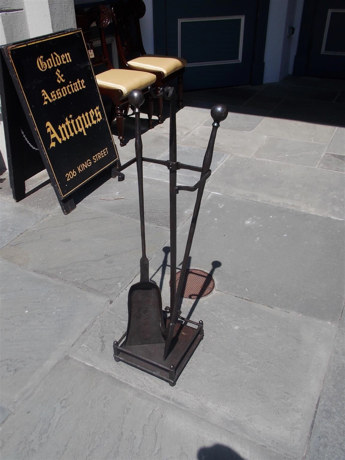 Set of American Wrought Iron Ball Top Fireplace Tools on Stand, Circa 1840 In Excellent Condition In Hollywood, SC