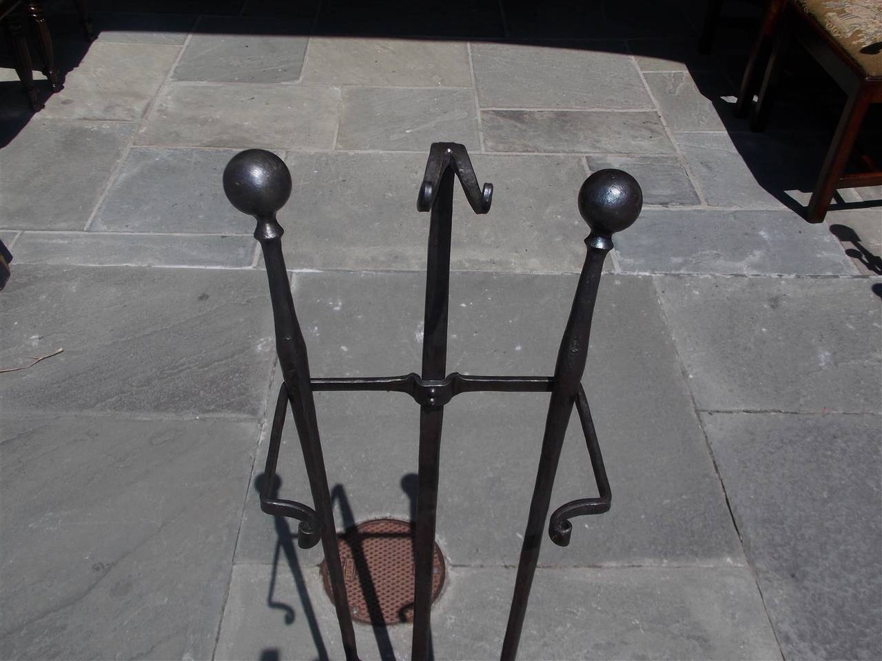 Mid-19th Century Set of American Wrought Iron Ball Top Fireplace Tools on Stand, Circa 1840