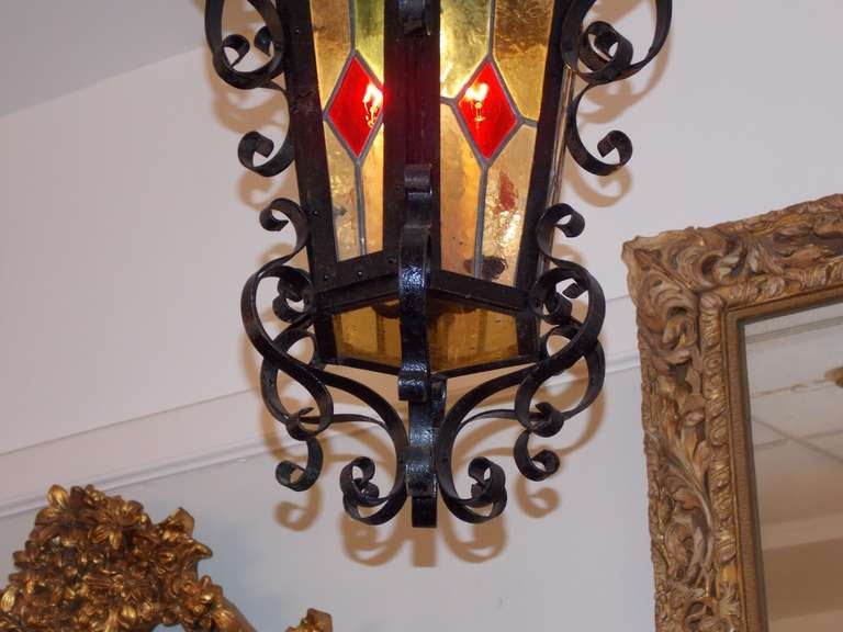 American Empire American Scrolled Wrought Iron and Stained Glass Hanging Hall Lantern, C. 1850 For Sale