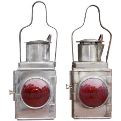 Antique  Pair of American Polished Steel and Fresnel Lenses Railroad Lanterns, C. 1880