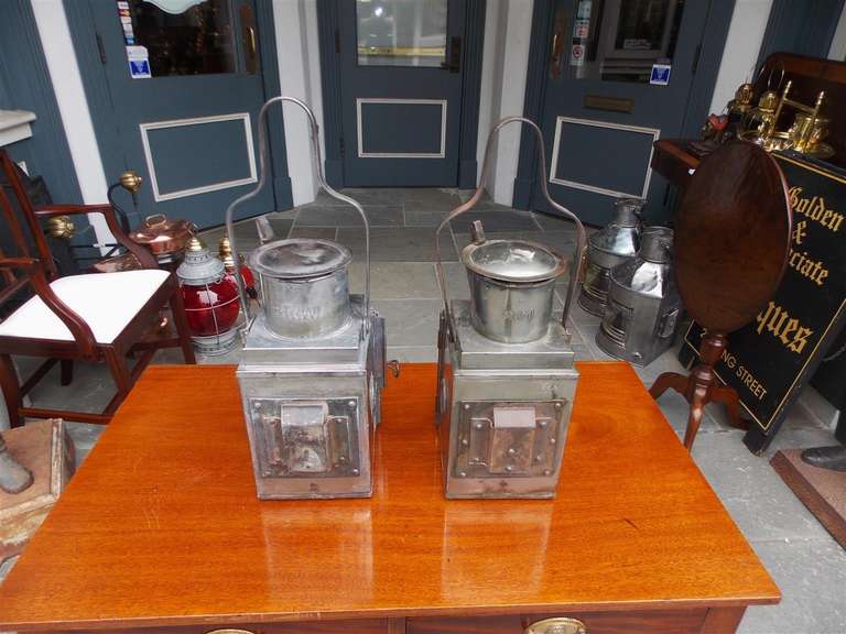Cast  Pair of American Polished Steel and Fresnel Lenses Railroad Lanterns, C. 1880 For Sale