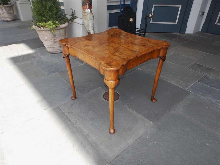 18th Century and Earlier English Queen Anne Burl Walnut Games Table With Outset Corners, Circa 1760