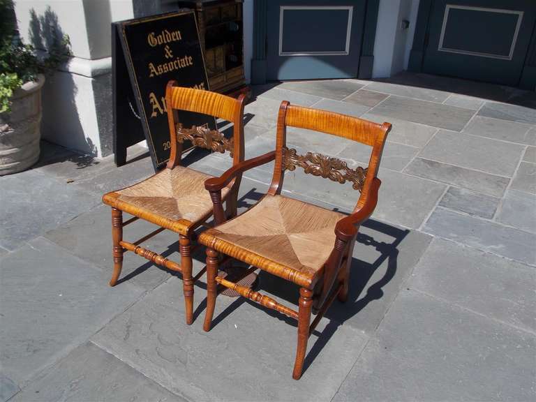 Primitive Set of Eight American Tiger Maple and Walnut Fancy Chairs.  Circa 1810 For Sale
