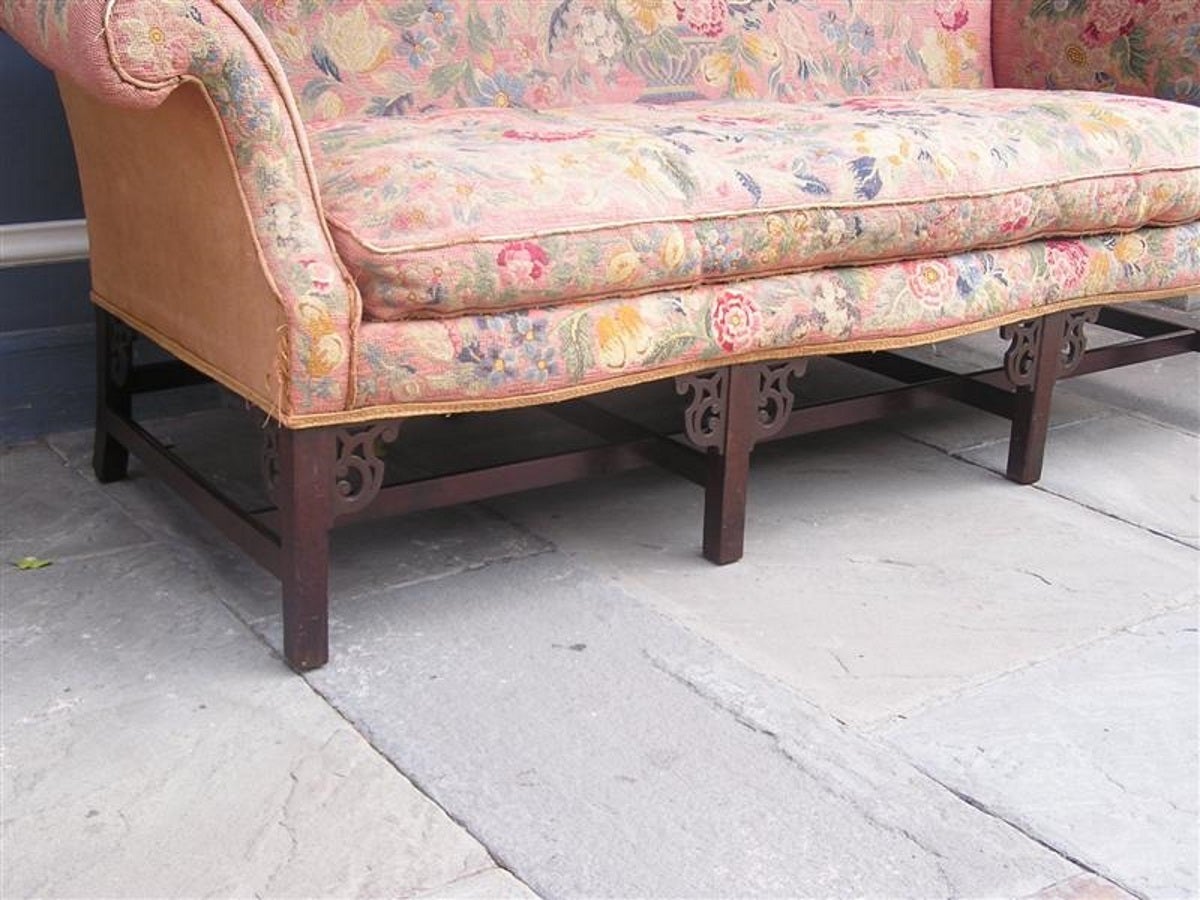 Mid-18th Century English Chinese Chippendale Mahogany Needlepoint Sofa, Circa 1750 For Sale