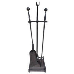 Set of American Wrought Iron Ball Top Fireplace Tools on Stand, Circa 1840