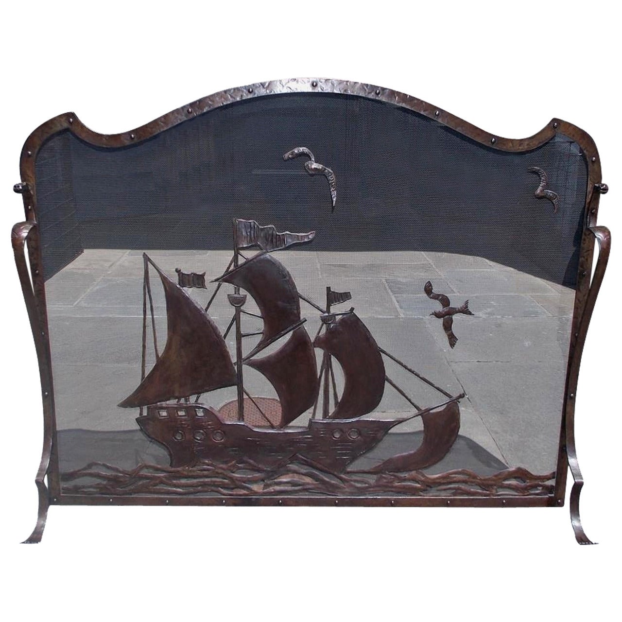 French Bronze Serpentine Nautical Fire Screen, Circa 1840