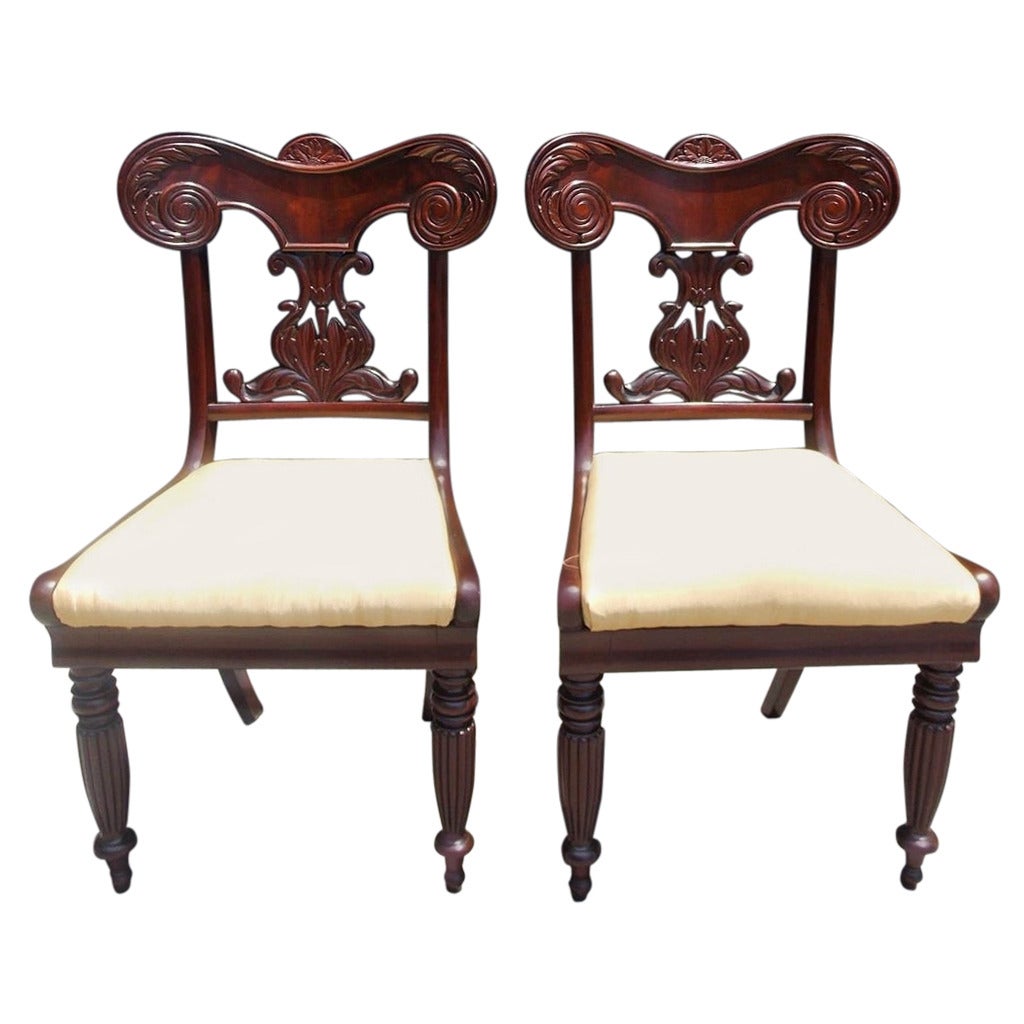 Pair of Caribbean Mahogany Carved Side Chairs, Circa 1830