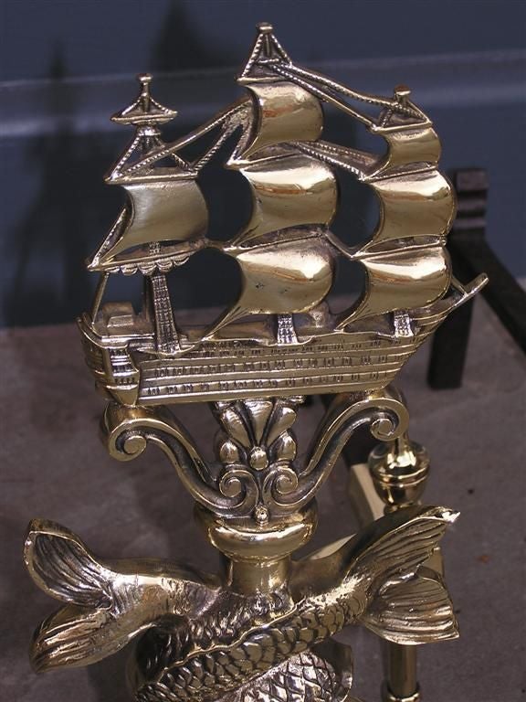 Mid-19th Century Pair of American Brass Intertwined Dolphin & Ship Andirons. Circa 1840 For Sale