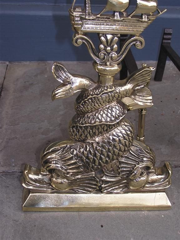 Pair of American Brass Intertwined Dolphin & Ship Andirons. Circa 1840 For Sale 1