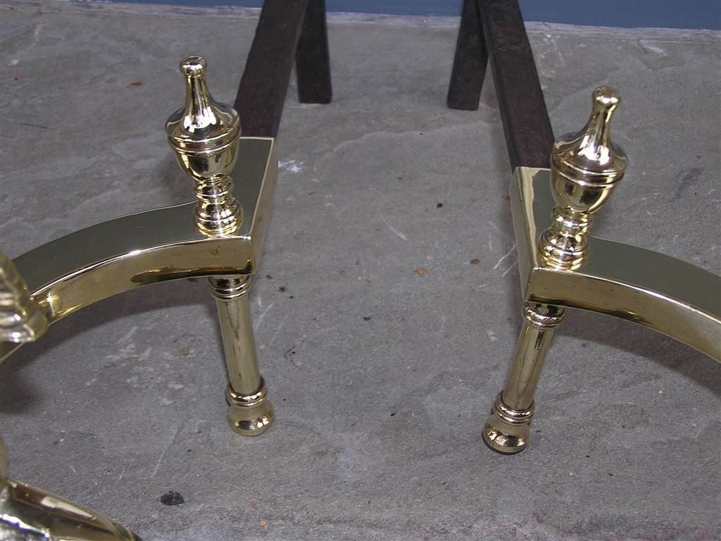 Pair of American Brass Intertwined Dolphin & Ship Andirons. Circa 1840 For Sale 2