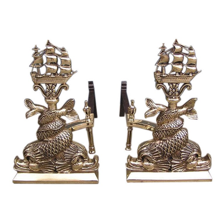 Pair of American Brass Intertwined Dolphin and Ship Andirons. Circa ...