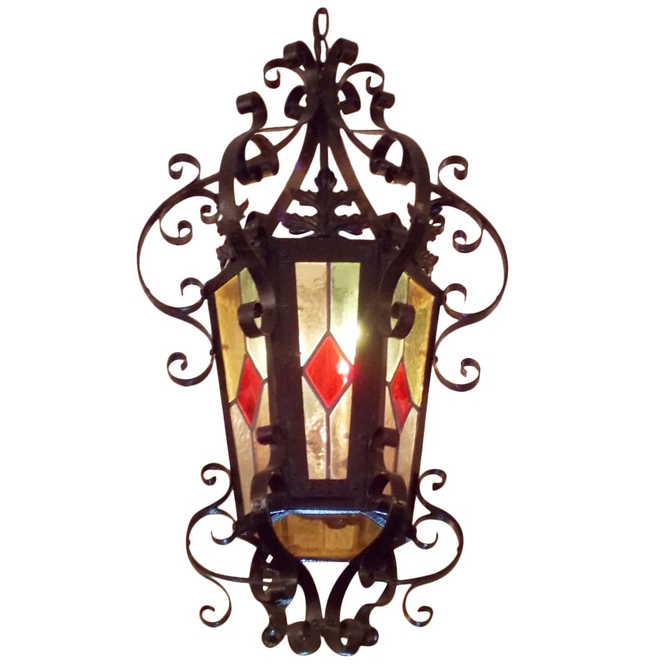 American Scrolled Wrought Iron and Stained Glass Hanging Hall Lantern, C. 1850