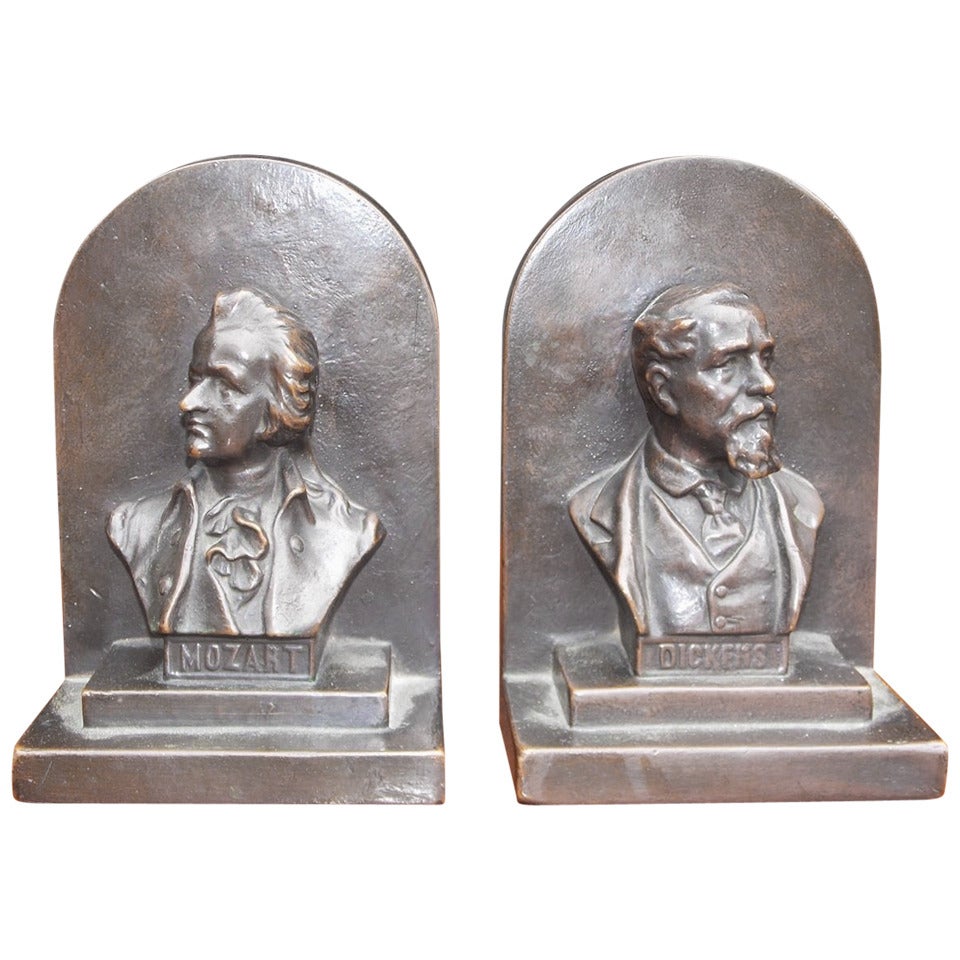 Pair of American Bronze Bookends " Mozart & Dickens, " Circa 1880