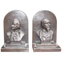 Antique Pair of American Bronze Bookends " Mozart & Dickens, " Circa 1880