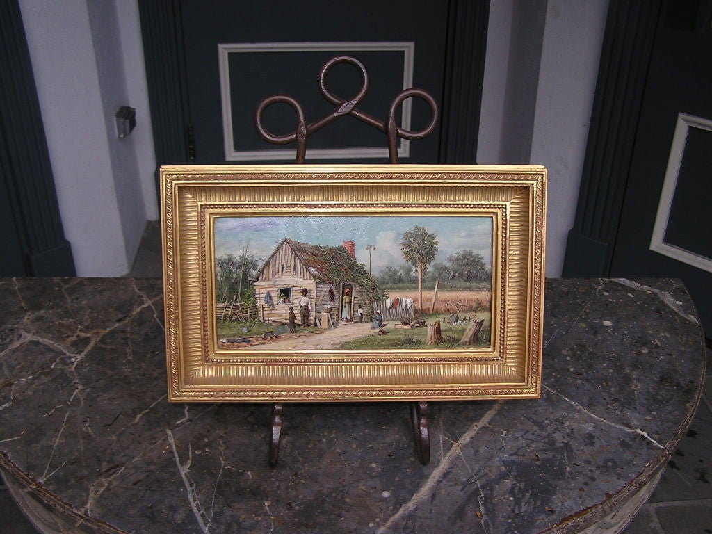 Oil on academy board of cabin scene in original gilt frame. Low Country South Carolina. Signed by W.A. Walker.