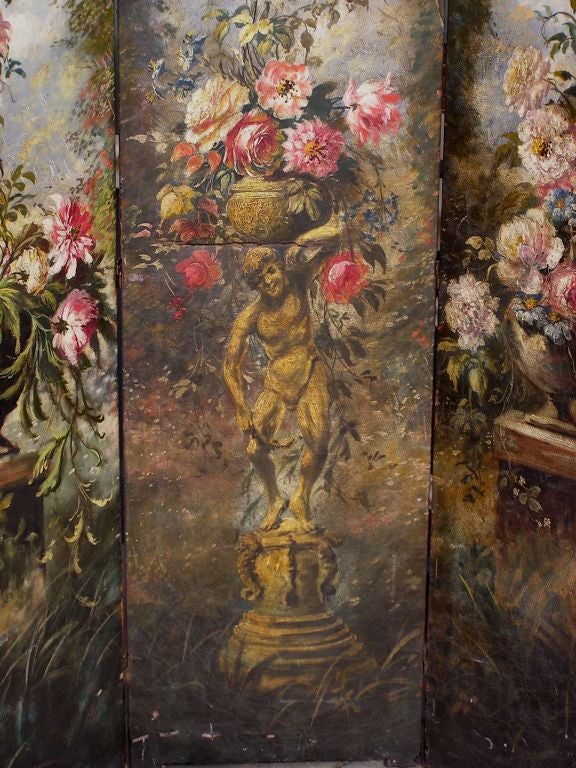 American Empire American Hand Painted Three Panel Floral Leather Screen , Signed N.Y.  Circa 187 For Sale