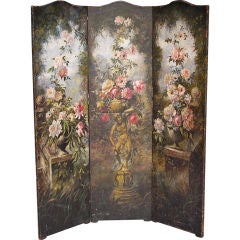 American Hand Painted Three Panel Floral Leather Screen , Signed N.Y. Circa 187 2