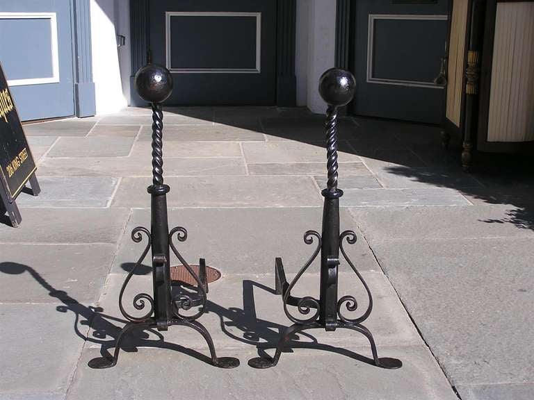 Pair of American Wrought Iron Goose Neck Andirons