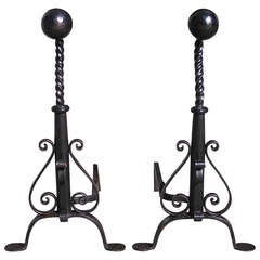 Pair of American Wrought Iron Goose Neck Andirons