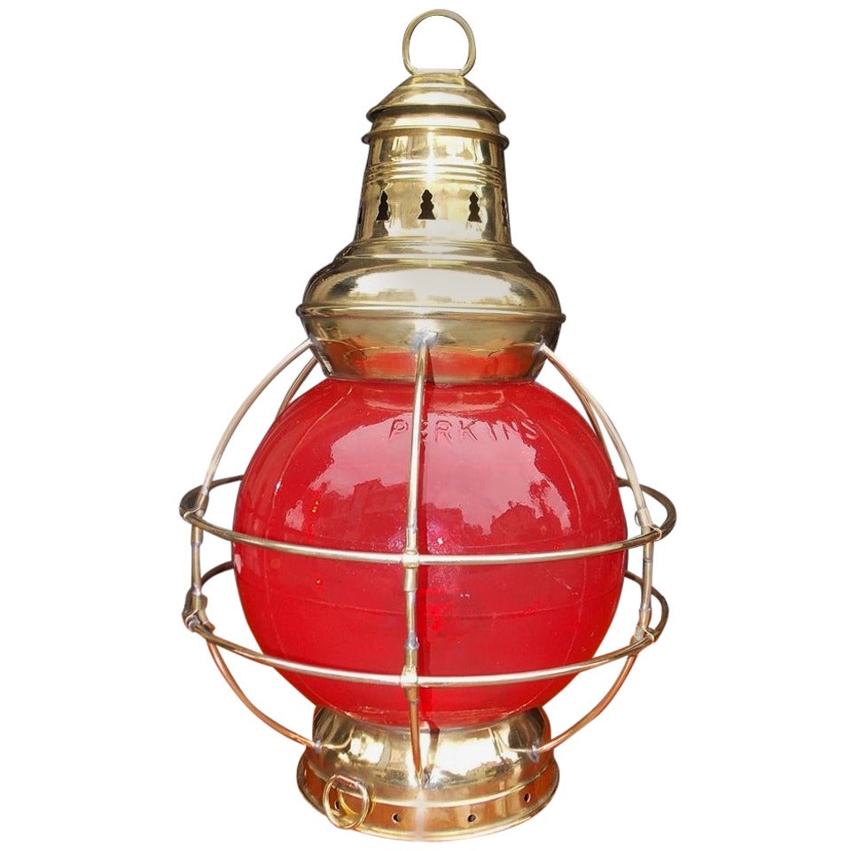 American Brass Ship Boarding Onion Lamp with Brass Cage, New York, Circa 1910
