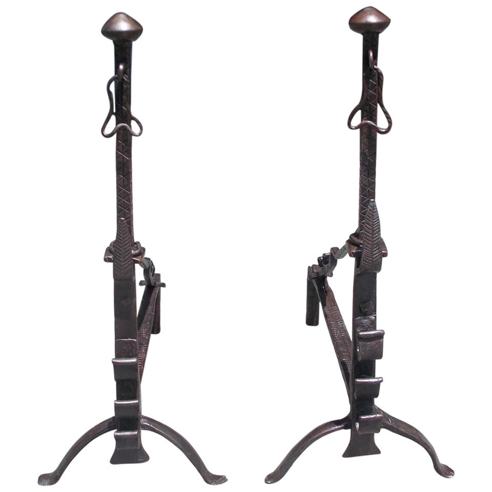 Pair of English Wrought Iron Mushroom Top  Andirons, Circa 1780