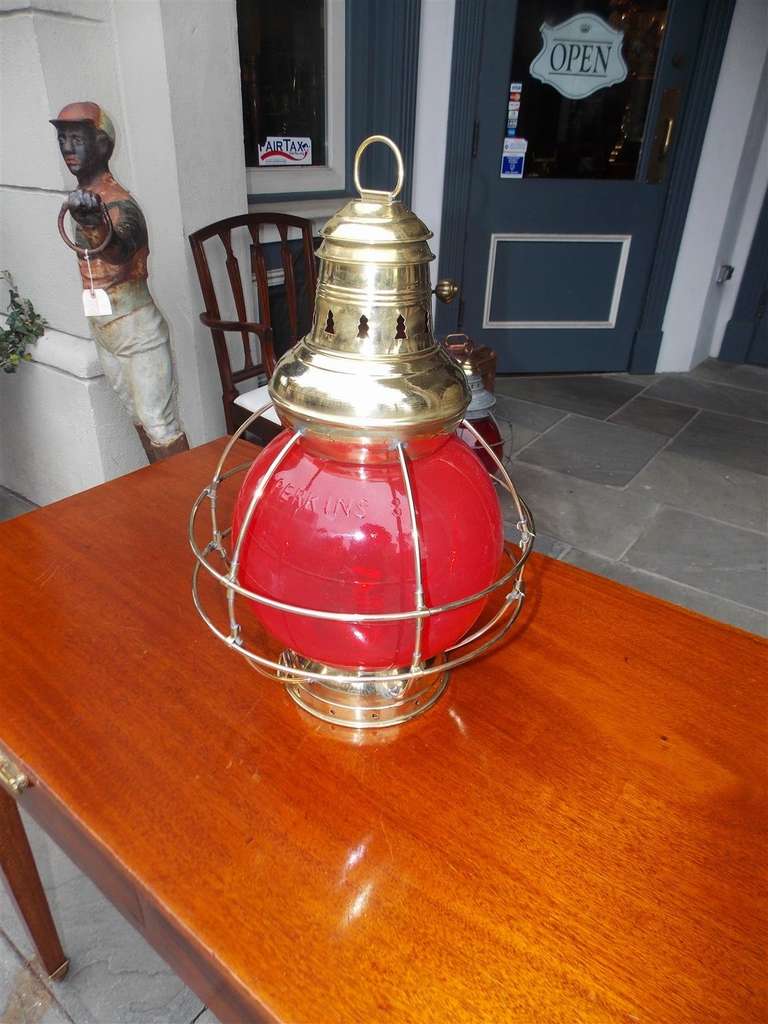 Cast American Brass Ship Boarding Onion Lamp with Brass Cage, New York, Circa 1910