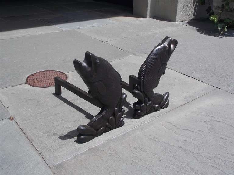 Pair of American Cast Iron Aquatic Fish Andirons, Circa 1900 In Excellent Condition In Hollywood, SC