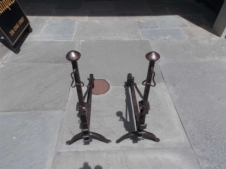 Pair of English Wrought Iron Mushroom Top  Andirons, Circa 1780 In Excellent Condition In Hollywood, SC