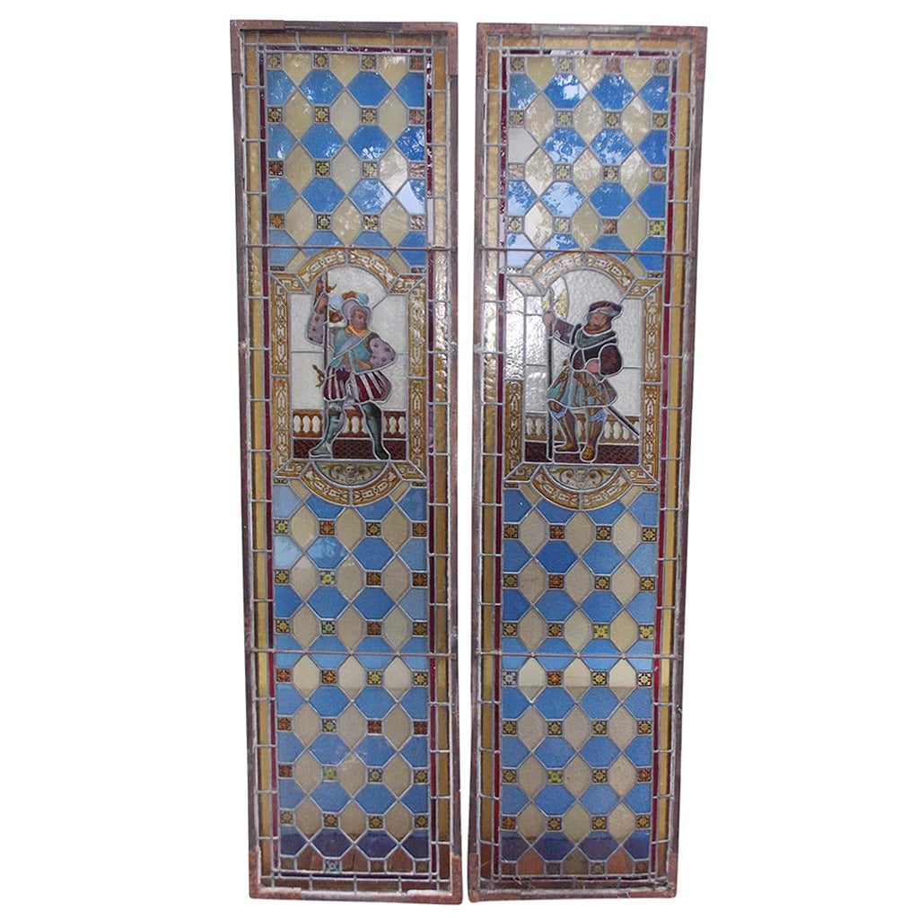 Pair of English Stained Glass Royalty Guard Panels, Circa 1840