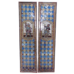 Antique Pair of English Stained Glass Royalty Guard Panels, Circa 1840