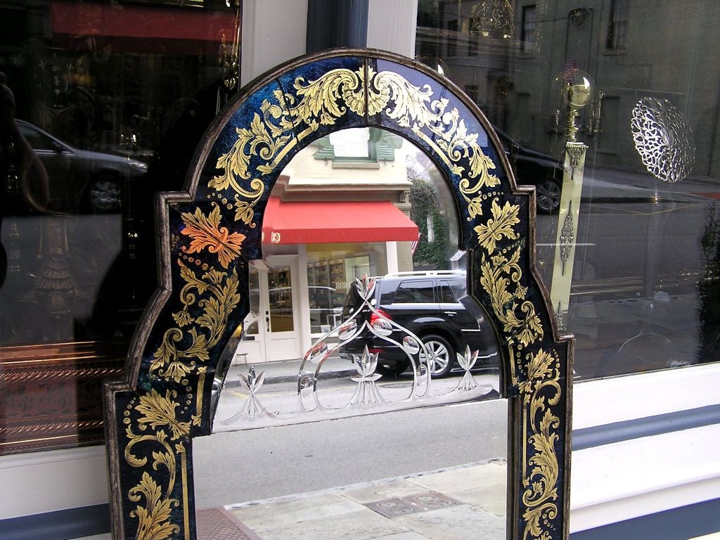 Italian Venetian Eglomise Cobalt Blue & Gilt Floral Trellis Wall Mirror. 19th Century