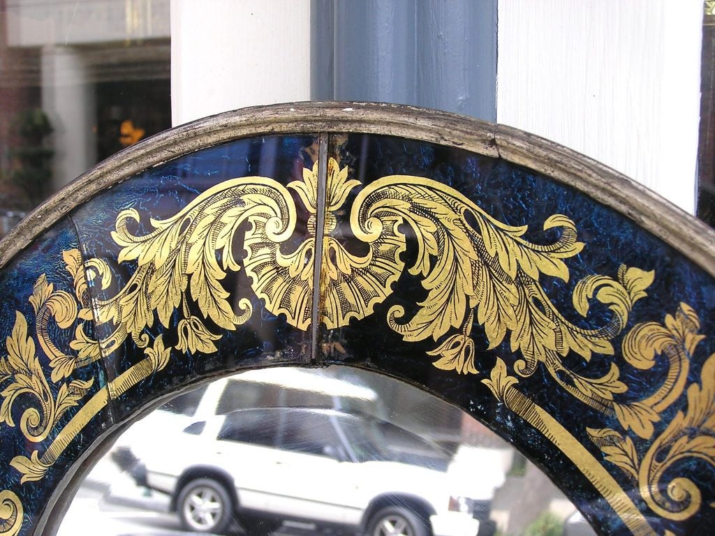Venetian Eglomise Cobalt Blue & Gilt Floral Trellis Wall Mirror. 19th Century In Excellent Condition In Hollywood, SC