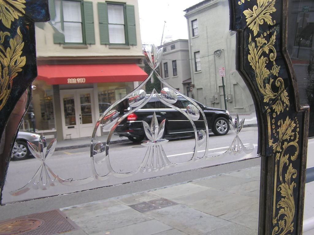 Silver Venetian Eglomise Cobalt Blue & Gilt Floral Trellis Wall Mirror. 19th Century